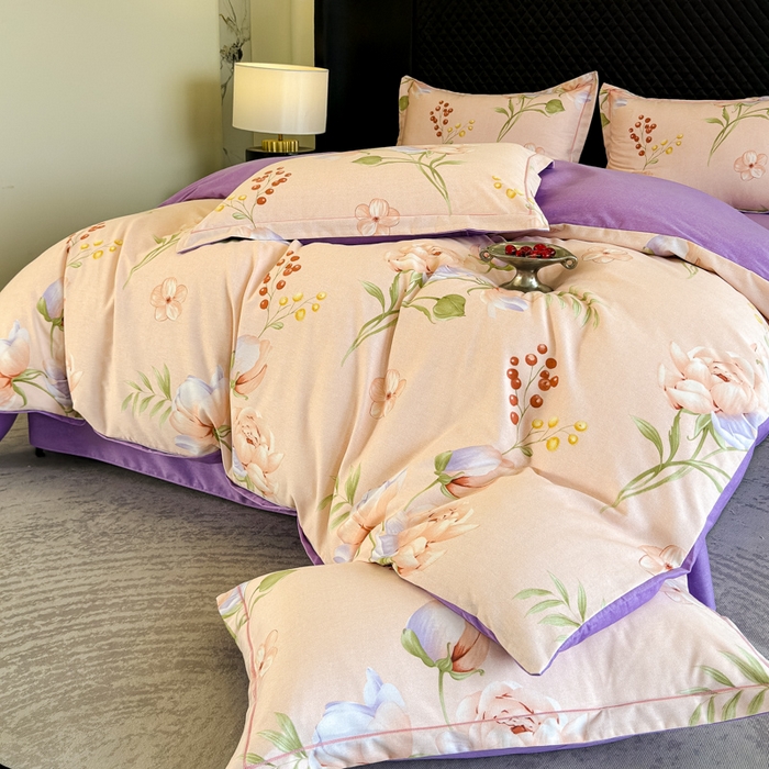 91家纺网 家纺一手货源 找家纺 曲之慕 2025直播爆款纯棉磨毛 高克重加厚全棉磨毛印花四件套 花与梦-粉