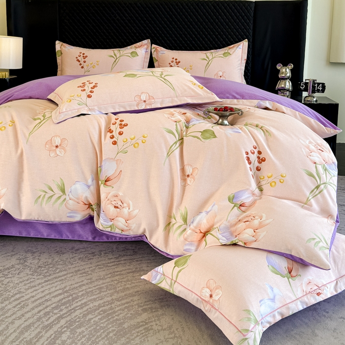 91家纺网 家纺一手货源 找家纺 曲之慕 2025直播爆款纯棉磨毛 高克重加厚全棉磨毛印花四件套 花与梦-粉