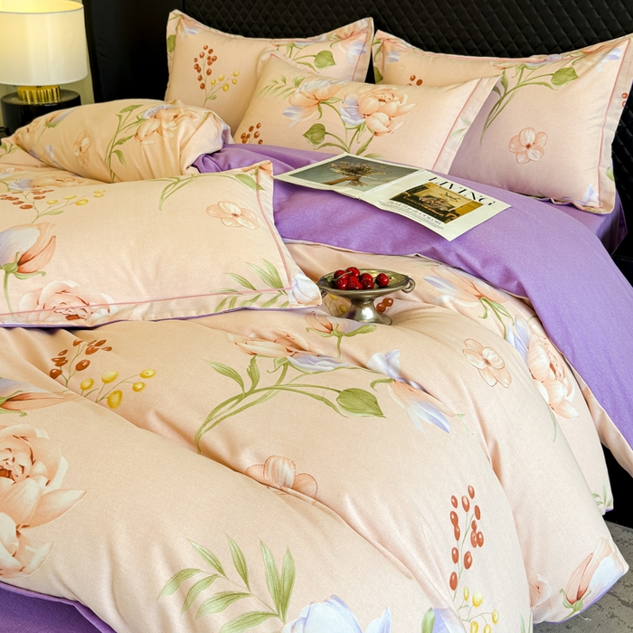 91家纺网 家纺一手货源 找家纺 曲之慕 2025直播爆款纯棉磨毛 高克重加厚全棉磨毛印花四件套 花与梦-粉