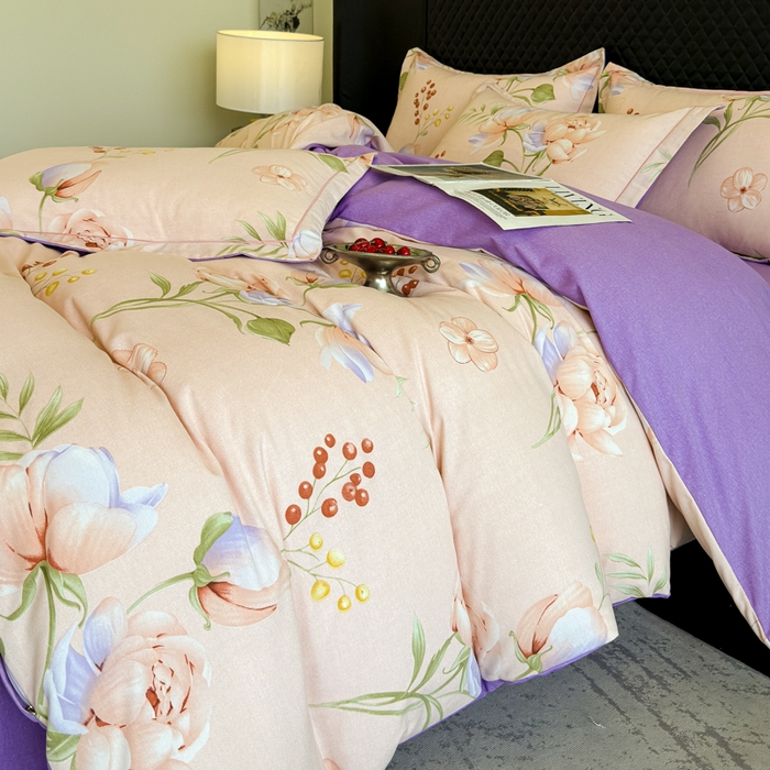 91家纺网 家纺一手货源 找家纺 曲之慕 2025直播爆款纯棉磨毛 高克重加厚全棉磨毛印花四件套 花与梦-粉