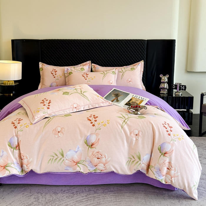 91家纺网 家纺一手货源 找家纺 曲之慕 2025直播爆款纯棉磨毛 高克重加厚全棉磨毛印花四件套 花与梦-粉