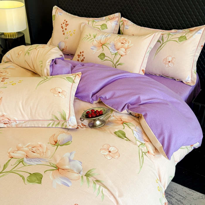 91家纺网 家纺一手货源 找家纺 曲之慕 2025直播爆款纯棉磨毛 高克重加厚全棉磨毛印花四件套 花与梦-粉