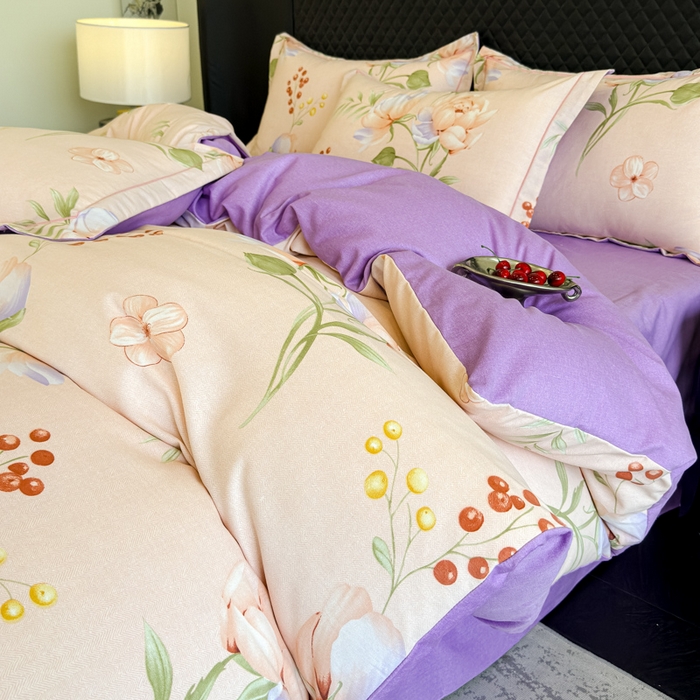 91家纺网 家纺一手货源 找家纺 曲之慕 2025直播爆款纯棉磨毛 高克重加厚全棉磨毛印花四件套 花与梦-粉