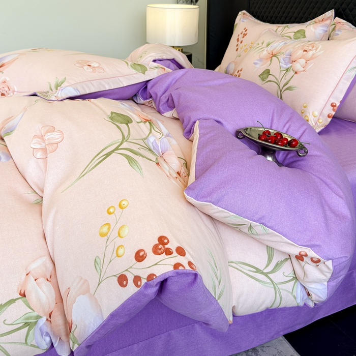 91家纺网 家纺一手货源 找家纺 曲之慕 2025直播爆款纯棉磨毛 高克重加厚全棉磨毛印花四件套 花与梦-粉