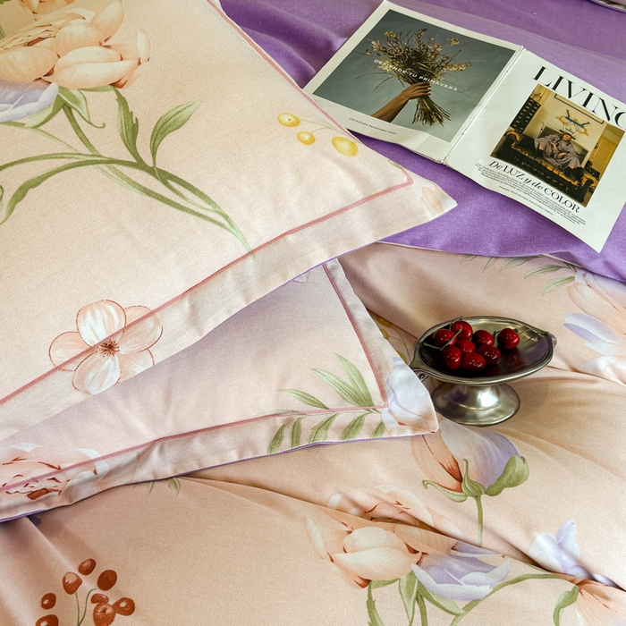 91家纺网 家纺一手货源 找家纺 曲之慕 2025直播爆款纯棉磨毛 高克重加厚全棉磨毛印花四件套 花与梦-粉