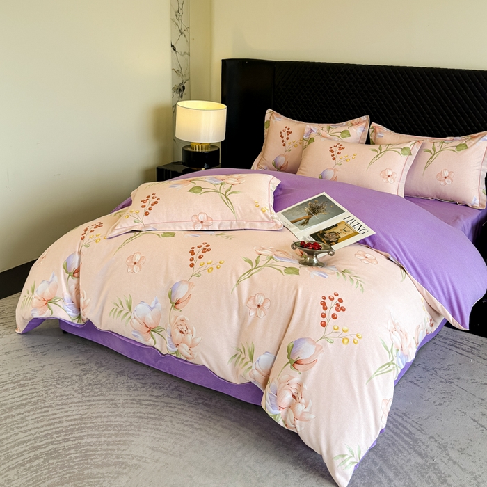 91家纺网 家纺一手货源 找家纺 曲之慕 2025直播爆款纯棉磨毛 高克重加厚全棉磨毛印花四件套 花与梦-粉