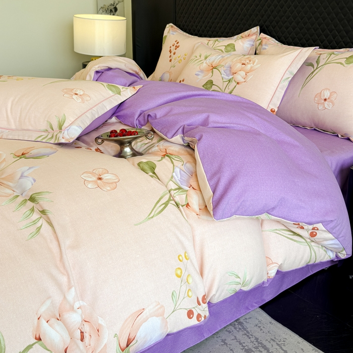 91家纺网 家纺一手货源 找家纺 曲之慕 2025直播爆款纯棉磨毛 高克重加厚全棉磨毛印花四件套 花与梦-粉