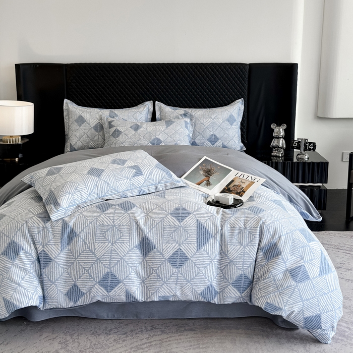 91家纺网 家纺一手货源 找家纺 曲之慕 2025直播爆款纯棉磨毛 高克重加厚全棉磨毛印花四件套 街角咖啡-蓝