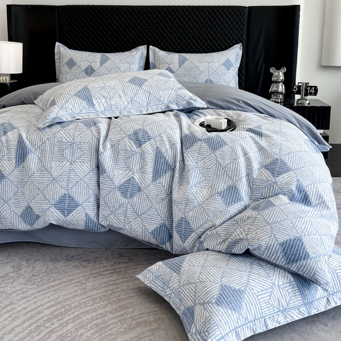 91家纺网 家纺一手货源 找家纺 曲之慕 2025直播爆款纯棉磨毛 高克重加厚全棉磨毛印花四件套 街角咖啡-蓝