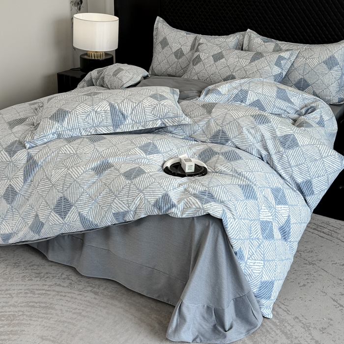 91家纺网 家纺一手货源 找家纺 曲之慕 2025直播爆款纯棉磨毛 高克重加厚全棉磨毛印花四件套 街角咖啡-蓝