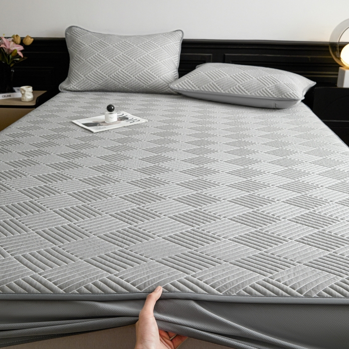 91家纺网 家纺一手货源 找家纺 欧邦 2025新款外贸热销加厚菱形Pe中分子凉感豆豆软席 菱形-穆尼灰 床笠款