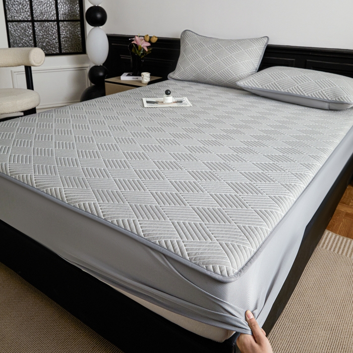 91家纺网 家纺一手货源 找家纺 欧邦 2025新款外贸热销加厚菱形Pe中分子凉感豆豆软席 菱形-穆尼灰 床笠款