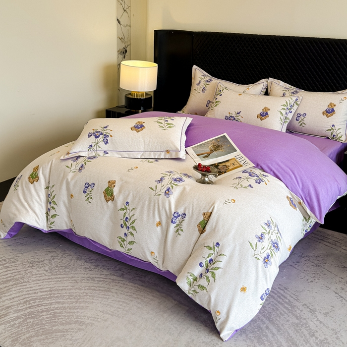 91家纺网 家纺一手货源 找家纺 曲之慕 2025直播爆款纯棉磨毛 高克重加厚全棉磨毛印花四件套 萌熊花园-米