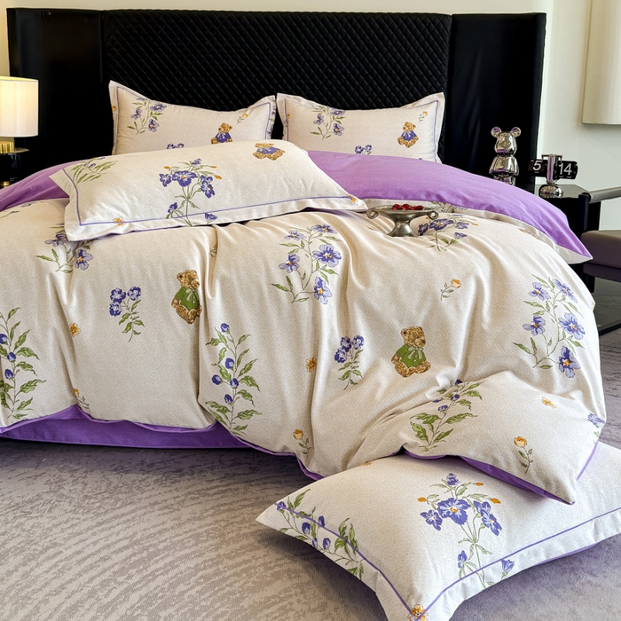 91家纺网 家纺一手货源 找家纺 曲之慕 2025直播爆款纯棉磨毛 高克重加厚全棉磨毛印花四件套 萌熊花园-米