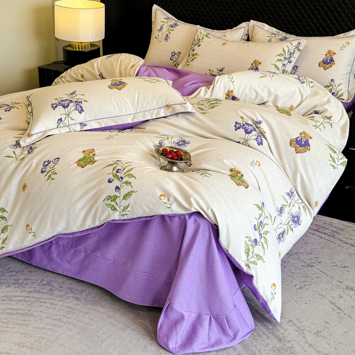 91家纺网 家纺一手货源 找家纺 曲之慕 2025直播爆款纯棉磨毛 高克重加厚全棉磨毛印花四件套 萌熊花园-米