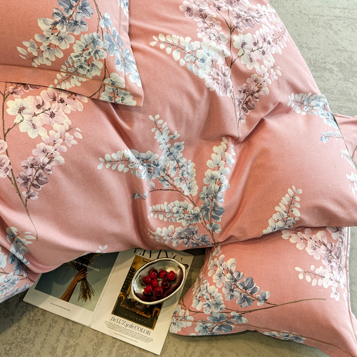 91家纺网 家纺一手货源 找家纺 曲之慕 2025直播爆款纯棉磨毛 高克重加厚全棉磨毛印花四件套 明日晴天-粉