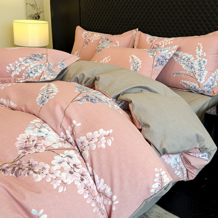 91家纺网 家纺一手货源 找家纺 曲之慕 2025直播爆款纯棉磨毛 高克重加厚全棉磨毛印花四件套 明日晴天-粉