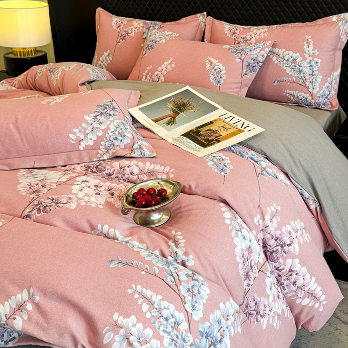 91家纺网 家纺一手货源 找家纺 曲之慕 2025直播爆款纯棉磨毛 高克重加厚全棉磨毛印花四件套 明日晴天-粉