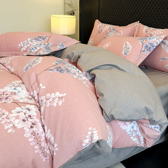 91家纺网 家纺一手货源 找家纺 曲之慕 2025直播爆款纯棉磨毛 高克重加厚全棉磨毛印花四件套 明日晴天-粉