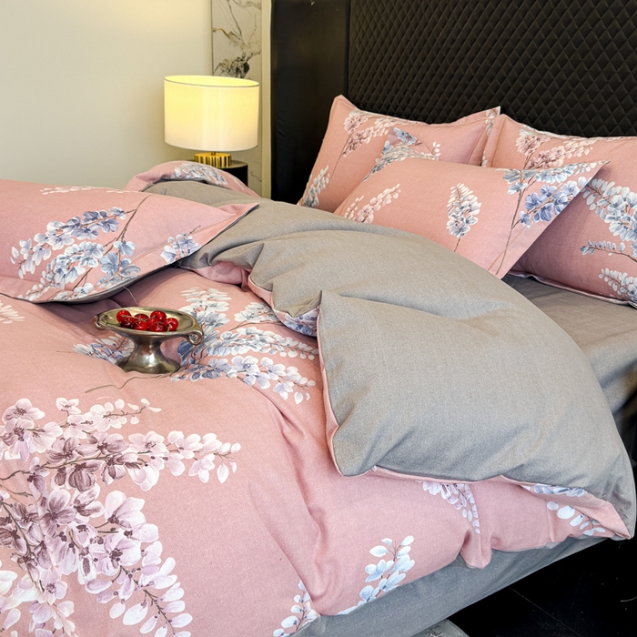 91家纺网 家纺一手货源 找家纺 曲之慕 2025直播爆款纯棉磨毛 高克重加厚全棉磨毛印花四件套 明日晴天-粉