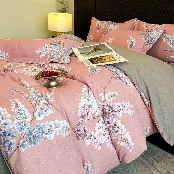 91家纺网 家纺一手货源 找家纺 曲之慕 2025直播爆款纯棉磨毛 高克重加厚全棉磨毛印花四件套 明日晴天-粉