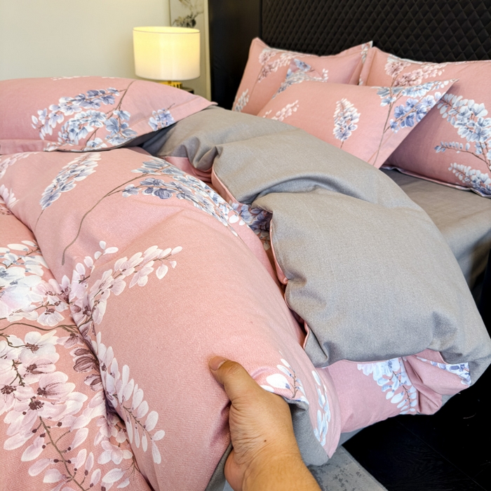 91家纺网 家纺一手货源 找家纺 曲之慕 2025直播爆款纯棉磨毛 高克重加厚全棉磨毛印花四件套 明日晴天-粉