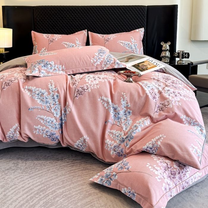 91家纺网 家纺一手货源 找家纺 曲之慕 2025直播爆款纯棉磨毛 高克重加厚全棉磨毛印花四件套 明日晴天-粉