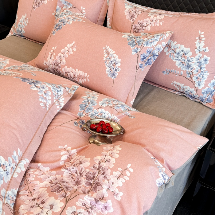 91家纺网 家纺一手货源 找家纺 曲之慕 2025直播爆款纯棉磨毛 高克重加厚全棉磨毛印花四件套 明日晴天-粉