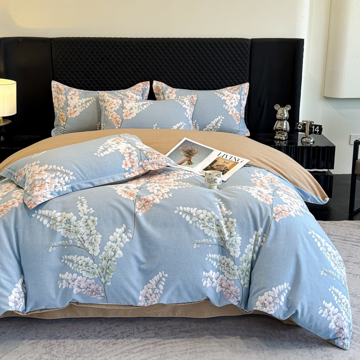 91家纺网 家纺一手货源 找家纺 曲之慕 2025直播爆款纯棉磨毛 高克重加厚全棉磨毛印花四件套 明日晴天-蓝