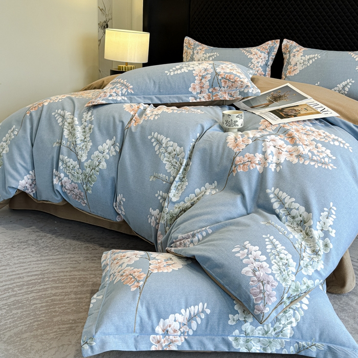 91家纺网 家纺一手货源 找家纺 曲之慕 2025直播爆款纯棉磨毛 高克重加厚全棉磨毛印花四件套 明日晴天-蓝