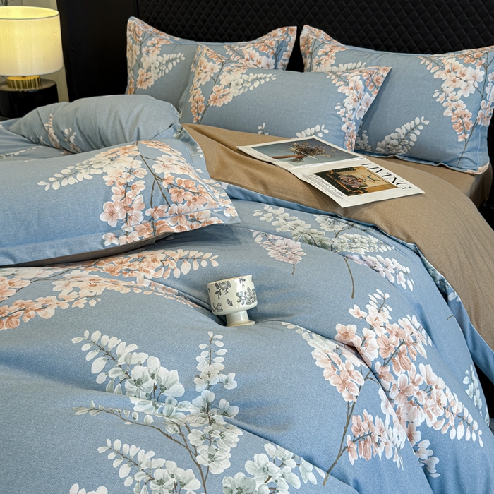 91家纺网 家纺一手货源 找家纺 曲之慕 2025直播爆款纯棉磨毛 高克重加厚全棉磨毛印花四件套 明日晴天-蓝