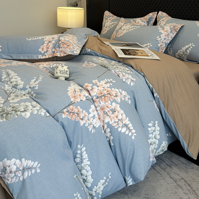 91家纺网 家纺一手货源 找家纺 曲之慕 2025直播爆款纯棉磨毛 高克重加厚全棉磨毛印花四件套 明日晴天-蓝