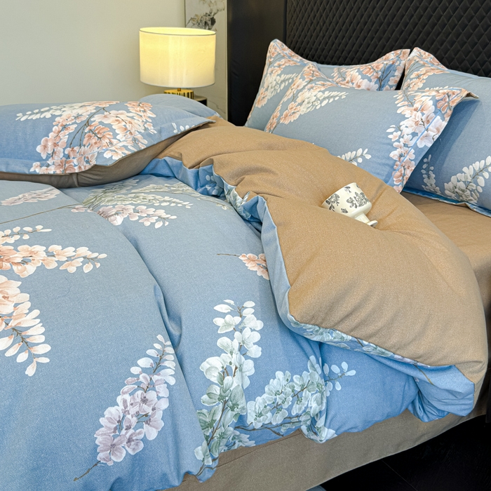 91家纺网 家纺一手货源 找家纺 曲之慕 2025直播爆款纯棉磨毛 高克重加厚全棉磨毛印花四件套 明日晴天-蓝