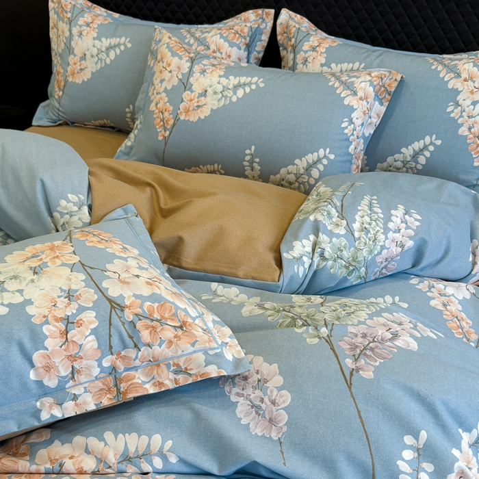 91家纺网 家纺一手货源 找家纺 曲之慕 2025直播爆款纯棉磨毛 高克重加厚全棉磨毛印花四件套 明日晴天-蓝