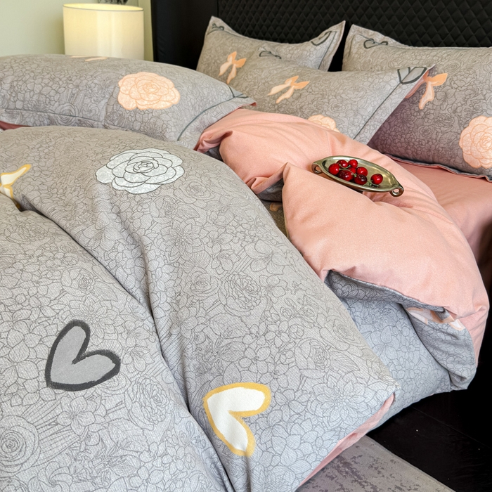 91家纺网 家纺一手货源 找家纺 曲之慕 2025直播爆款纯棉磨毛 高克重加厚全棉磨毛印花四件套 莫奈花语-灰