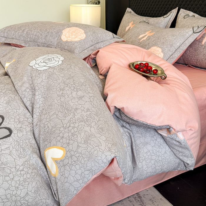 91家纺网 家纺一手货源 找家纺 曲之慕 2025直播爆款纯棉磨毛 高克重加厚全棉磨毛印花四件套 莫奈花语-灰