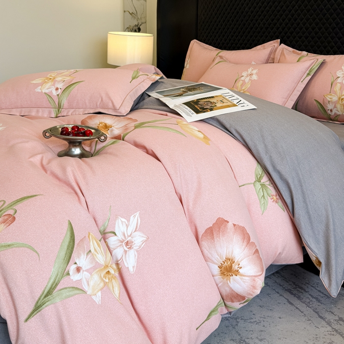 91家纺网 家纺一手货源 找家纺 曲之慕 2025直播爆款纯棉磨毛 高克重加厚全棉磨毛印花四件套 绮丽花语-粉