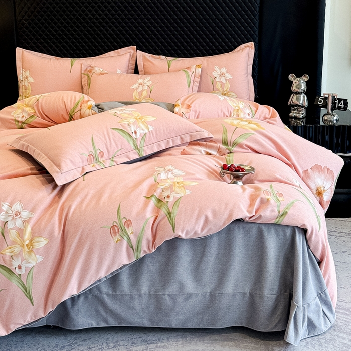 91家纺网 家纺一手货源 找家纺 曲之慕 2025直播爆款纯棉磨毛 高克重加厚全棉磨毛印花四件套 绮丽花语-粉