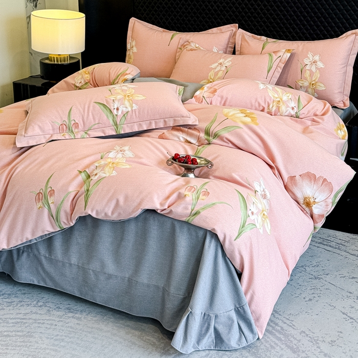 91家纺网 家纺一手货源 找家纺 曲之慕 2025直播爆款纯棉磨毛 高克重加厚全棉磨毛印花四件套 绮丽花语-粉