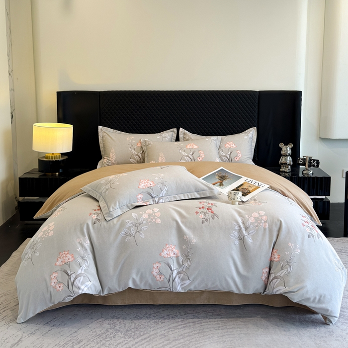 曲之慕 2025直播爆款纯棉磨毛 高克重加厚全棉磨毛印花四件套 清莹花香-灰