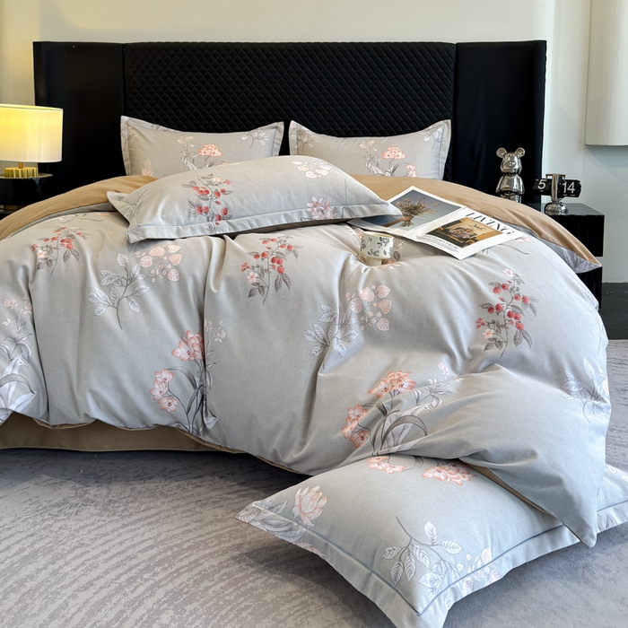 91家纺网 家纺一手货源 找家纺 曲之慕 2025直播爆款纯棉磨毛 高克重加厚全棉磨毛印花四件套 清莹花香-灰