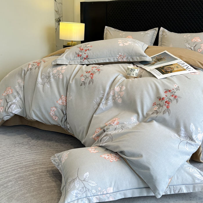 91家纺网 家纺一手货源 找家纺 曲之慕 2025直播爆款纯棉磨毛 高克重加厚全棉磨毛印花四件套 清莹花香-灰