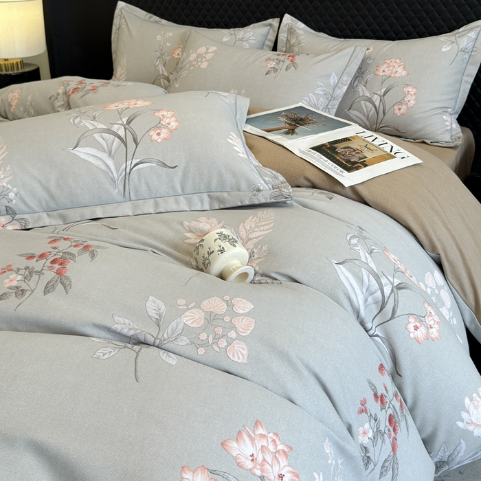 91家纺网 家纺一手货源 找家纺 曲之慕 2025直播爆款纯棉磨毛 高克重加厚全棉磨毛印花四件套 清莹花香-灰