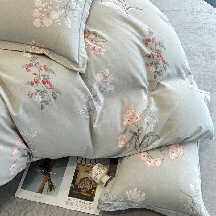 91家纺网 家纺一手货源 找家纺 曲之慕 2025直播爆款纯棉磨毛 高克重加厚全棉磨毛印花四件套 清莹花香-灰