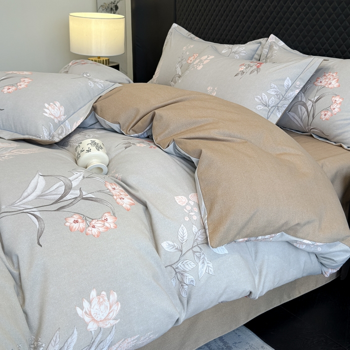 91家纺网 家纺一手货源 找家纺 曲之慕 2025直播爆款纯棉磨毛 高克重加厚全棉磨毛印花四件套 清莹花香-灰