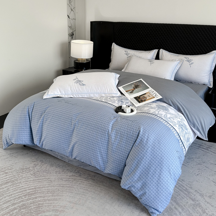 91家纺网 家纺一手货源 找家纺 曲之慕 2025直播爆款纯棉磨毛 高克重加厚全棉磨毛印花四件套 温妮莎-蓝