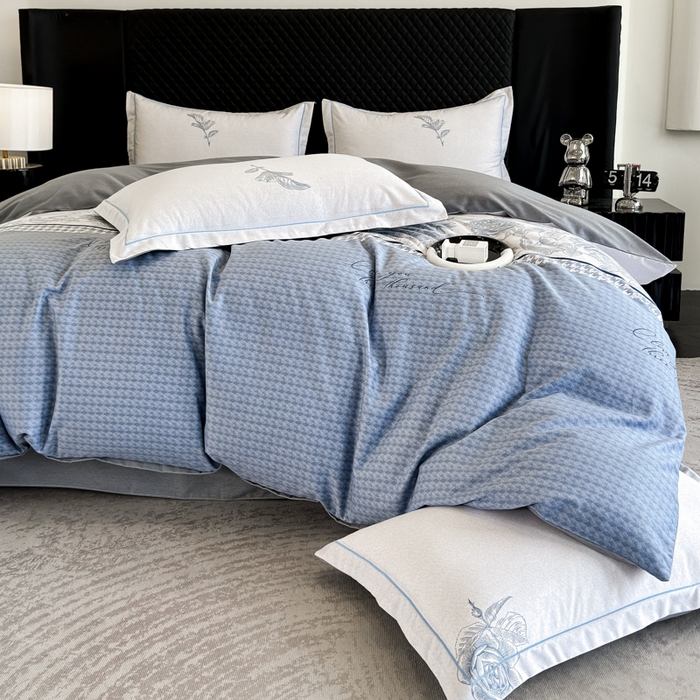 91家纺网 家纺一手货源 找家纺 曲之慕 2025直播爆款纯棉磨毛 高克重加厚全棉磨毛印花四件套 温妮莎-蓝