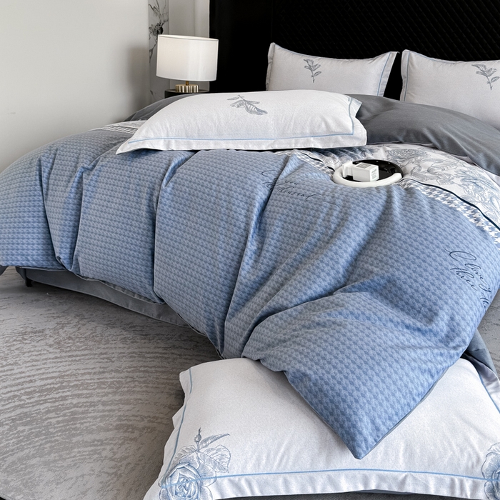 91家纺网 家纺一手货源 找家纺 曲之慕 2025直播爆款纯棉磨毛 高克重加厚全棉磨毛印花四件套 温妮莎-蓝