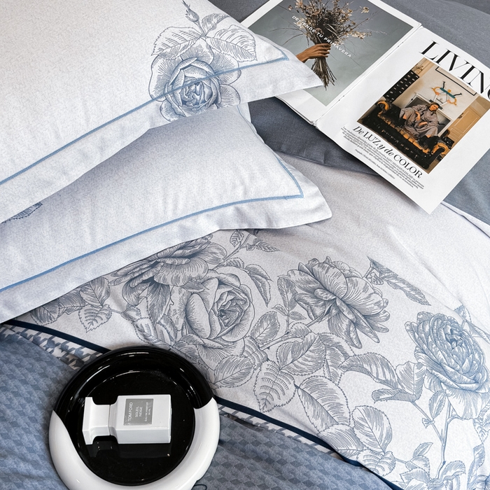 91家纺网 家纺一手货源 找家纺 曲之慕 2025直播爆款纯棉磨毛 高克重加厚全棉磨毛印花四件套 温妮莎-蓝