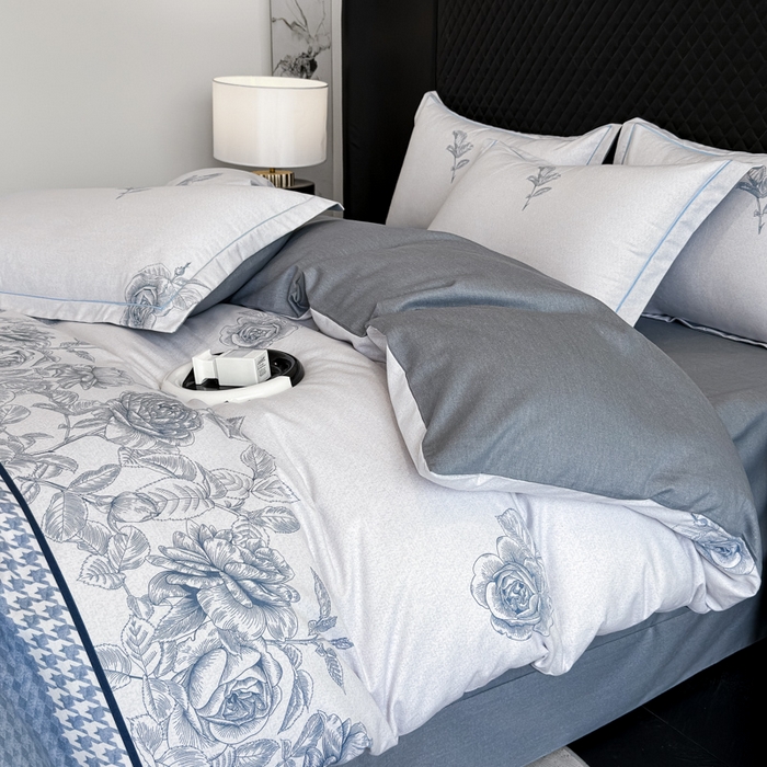 91家纺网 家纺一手货源 找家纺 曲之慕 2025直播爆款纯棉磨毛 高克重加厚全棉磨毛印花四件套 温妮莎-蓝